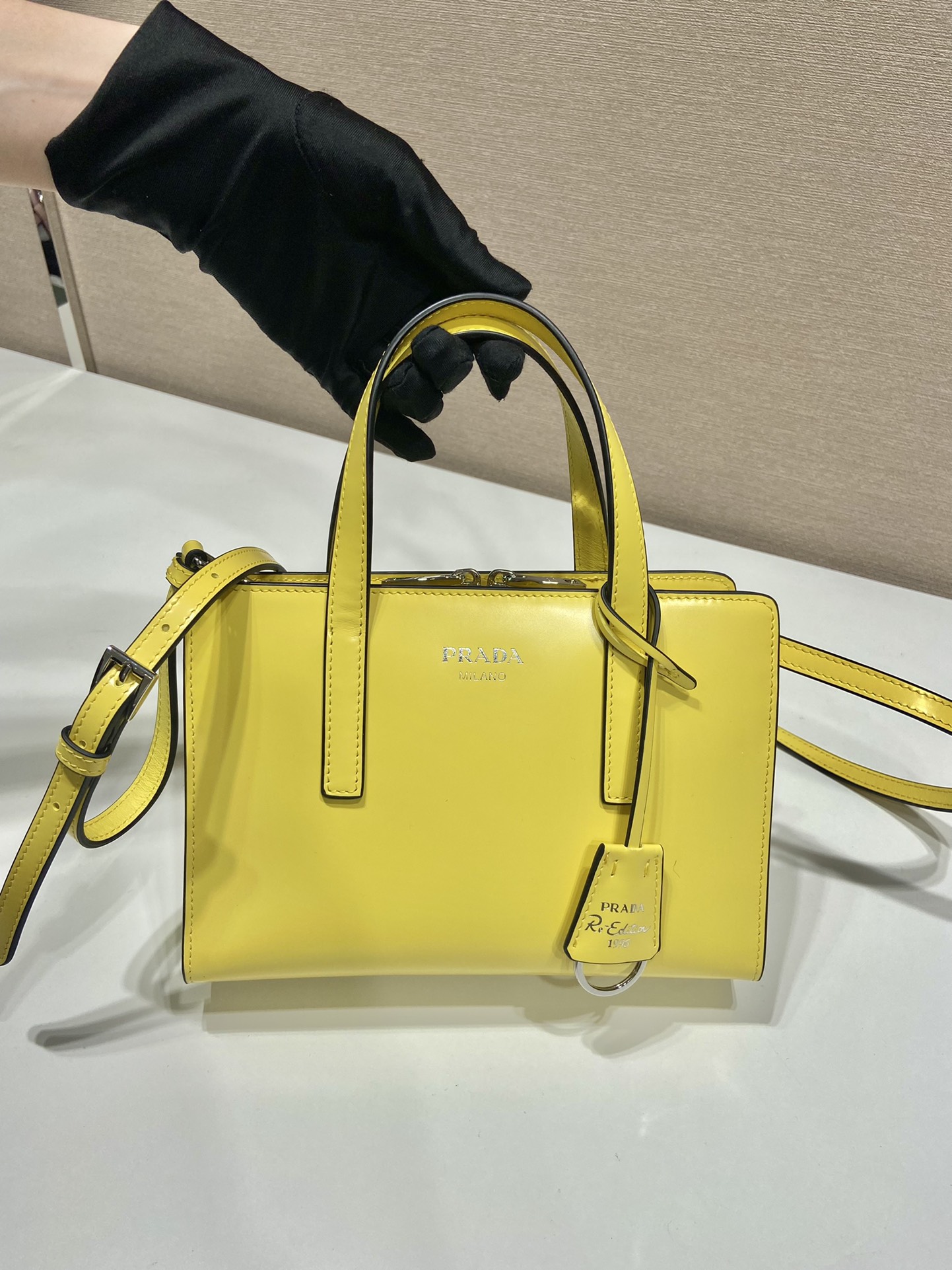 Prada Mini Re Edition 1995 Brushed Leather Handbag Bag Lemon Yellow 1BA357